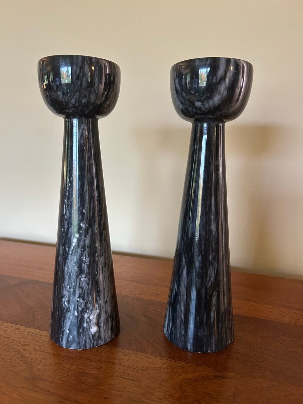 Sleek Black and White Marbled Candlestick Holders Flared Top